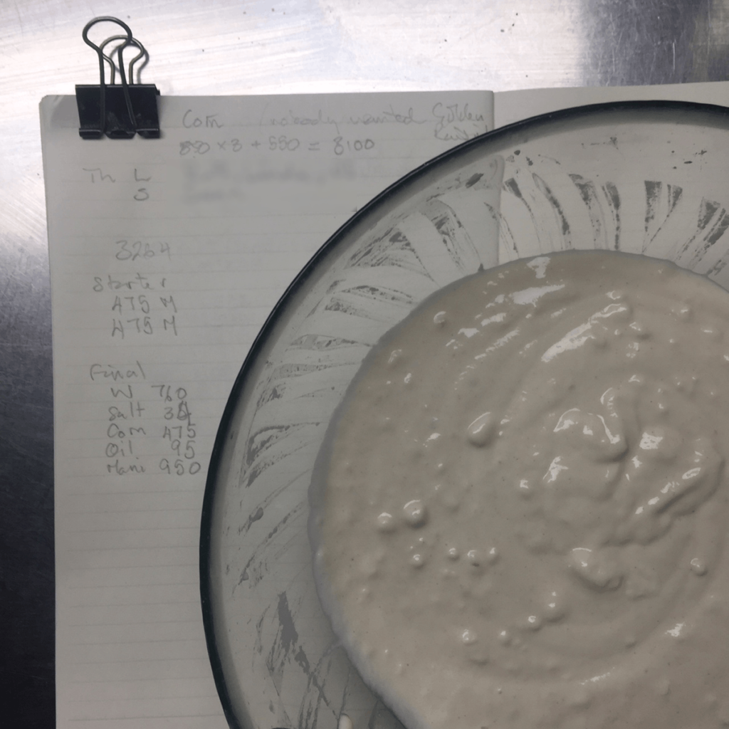 first build of sourdough leaven resting on notebook