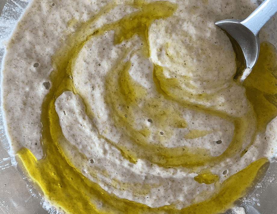 Pizza dough leaven with swirl of olive oil