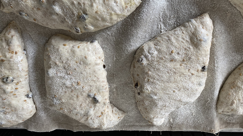 Loaves after proofing, sprinkled with a little flour