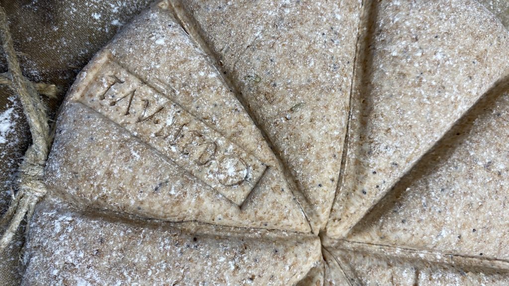 Loaf before baking with string tied around the equator, much deeper demarcations and the impressed bread stamp