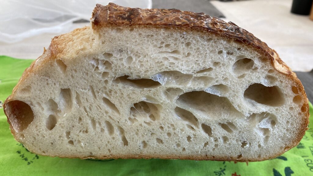 Crumb shot showing too many large holes as a result, probably, of underproofing.